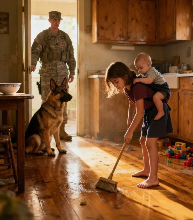 A Soldier Returns Home From War and Finds His House Silent—But the Chilling Truth is Revealed When His 9-Year-Old Daughter Whispers, “Mommy Left with Another Man.” The Devastated Father Discovers His Little Girl Became a Mother to Her Brother, Guarded Only by Their Dog, in a Gut-Wrenching Tale of Betrayal and the Unbreakable Bond of Family.
