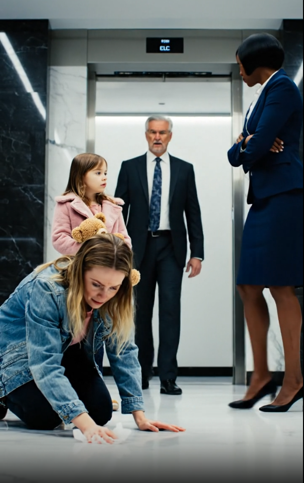The Gilded Cage Confrontation: Single Mom, Evicted and Desperate, Brought Her 3-Year-Old to a Corporate Interview Only to Be Humiliated and Forced to Scrub the Lobby Floor by a Sneering Manager. But When the $100 Million CEO, a Man Known for Ruthless Efficiency, Stepped Out of the Elevator, the Silence of the Room Was Broken By a Question That Changed Two Lives Forever and Exposed the Manager’s Cruelty.