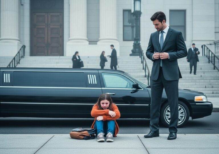 She Sat Alone on the Frozen Courthouse Steps, Waiting for a Father Who Would Never Come, Until a Billionaire Stopped His Limousine and Realized the Heartbreaking Truth Behind Her Tears—But What Happened Inside the Courtroom Would Change the Meaning of Justice Forever