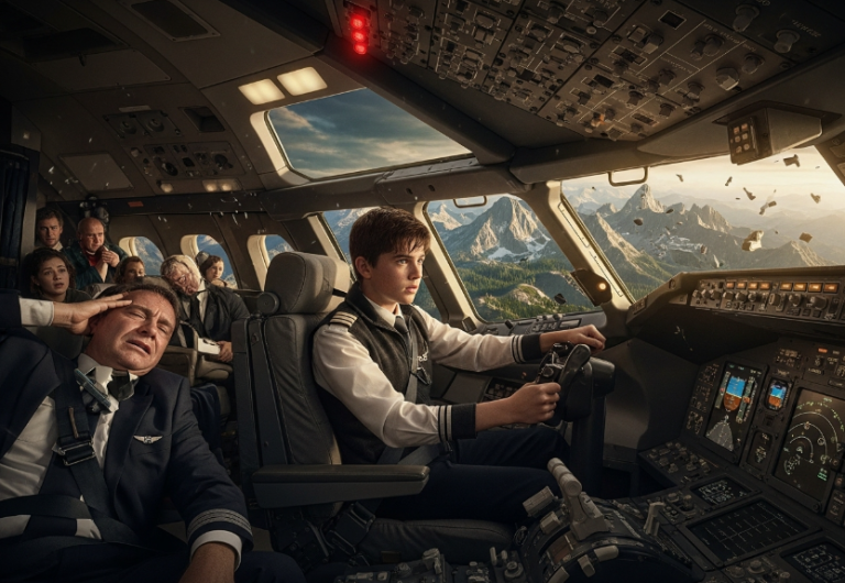 The captain was unresponsive. The co-pilot was panicking. 312 souls on board, and we were floating over the Rockies with no one in charge. They thought I was just a 16-year-old kid. They didn’t know my father is a Colonel. They didn’t know he trained me for this exact moment.