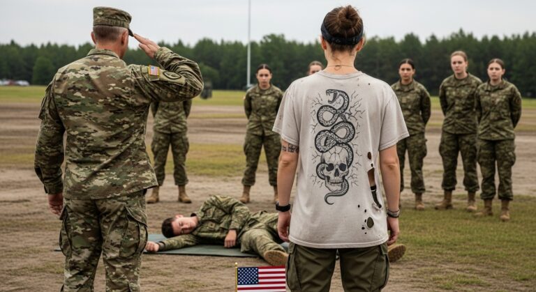 They Laughed at My Worn T-Shirt. They Mocked My Silence. They Grabbed My Collar in a Drill. Then My Torn Shirt Revealed a Tattoo of a Coiled Viper and a Shattered Skull That Made Their Commander Drop His Jaw and Salute Me. They Should Have Known You Don’t Mess with Ghost Viper’s Final Student.