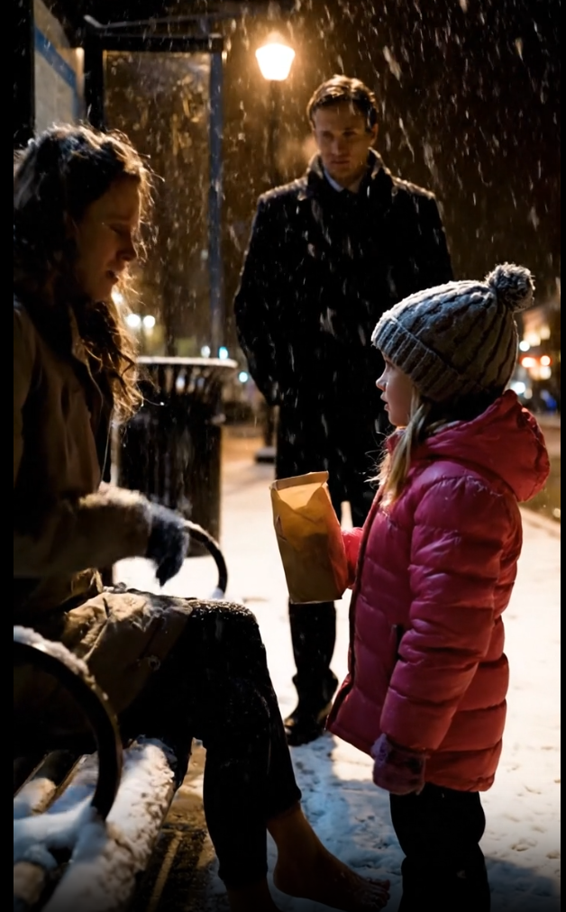 I was 24, homeless, and barefoot in a December blizzard, ready to give up. I’d sold my last pair of shoes for food. A 4-year-old girl walked out of the snow and offered me her cookies. I thanked her. Then she looked right through me and said 7 words that shattered my world. Her widowed father’s reaction… it saved my life.